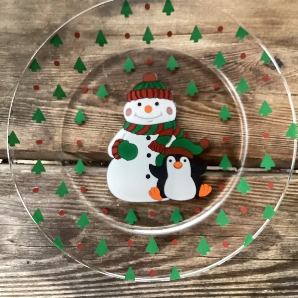 Snowman and Penguin Glass Dessert Plates - set of 10